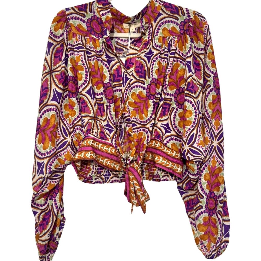 Haute Hippie Style NWT Medallion Print Tie Front Cropped Blouse Boho Size M